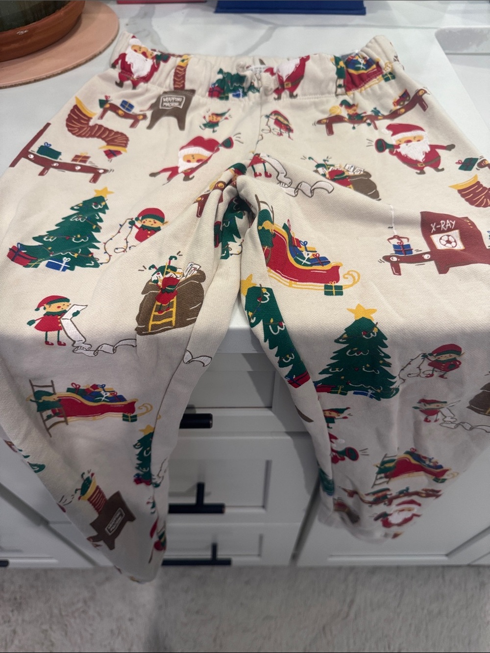 H&M Cream Holiday Pajama Bottoms with Green & Red Christmas Print